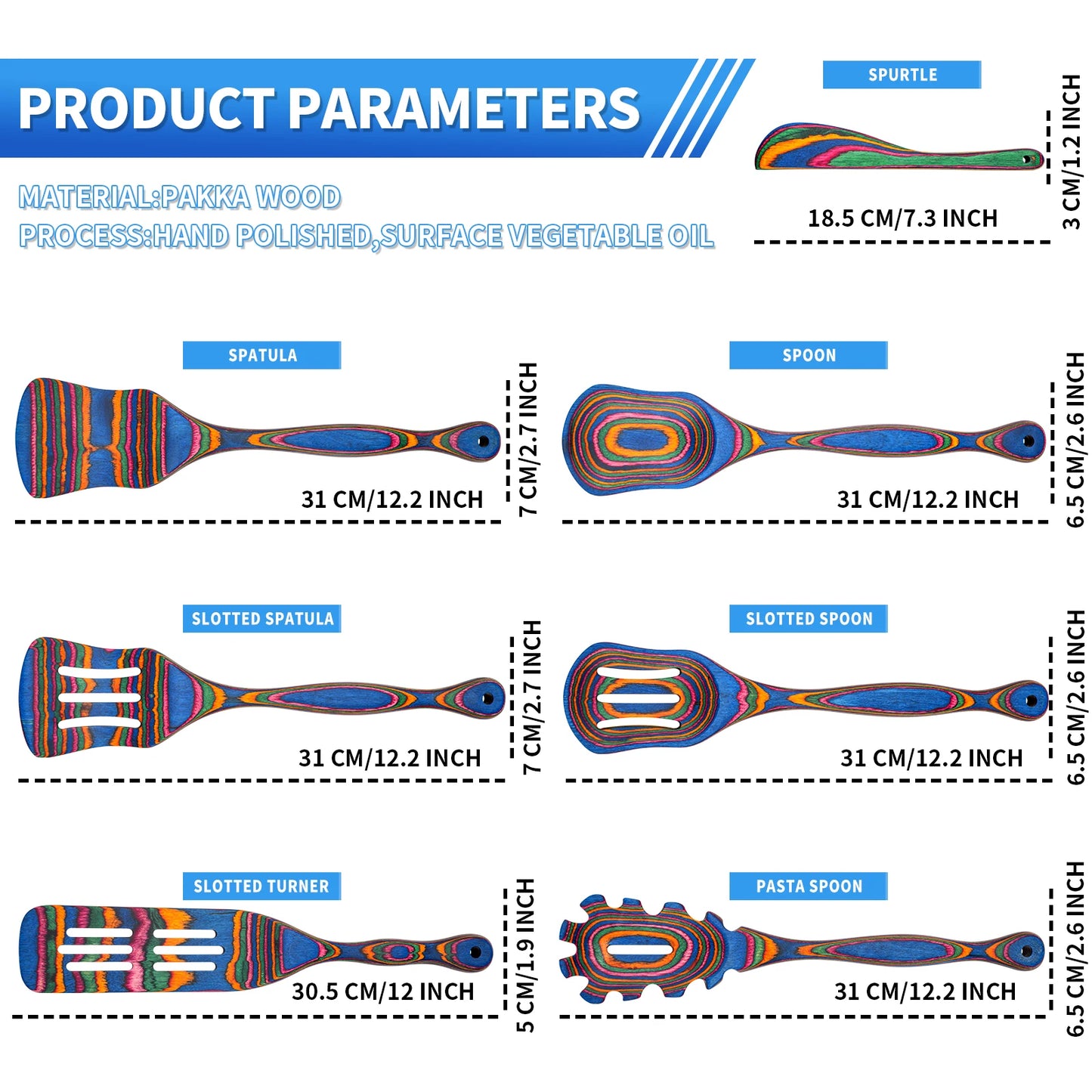 7PCS Blue Pakkawood Cooking Utensil Set
